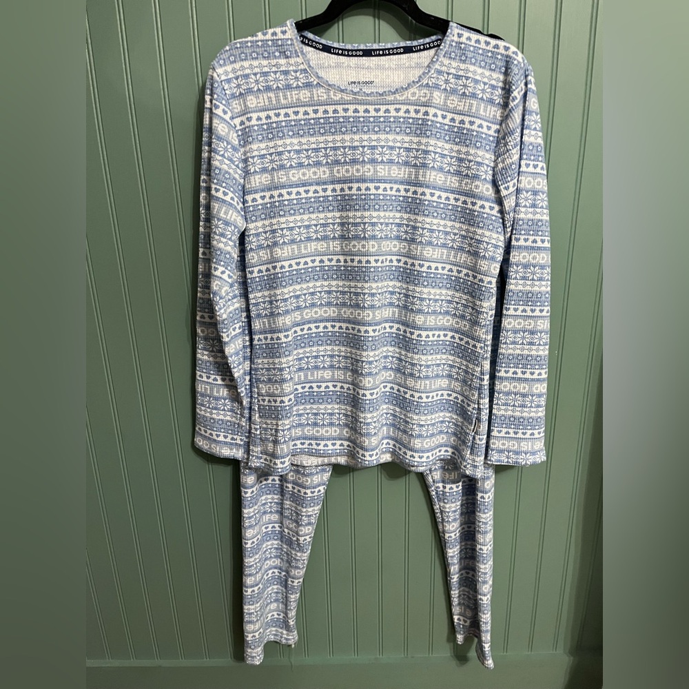Life Is Good Light Blue and White Fair Isle Waffle Pajama Set